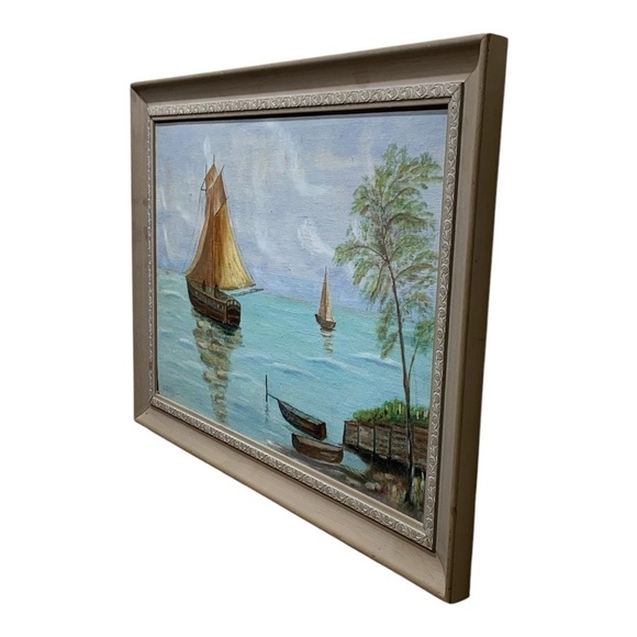 Vintage Mid Century Framed Oil “Fishing Boat Under Sail” By E.O.C. - Picture 2 of 3
